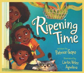  Book cover with 2 girls, a mom and a cat watching bananas ripen